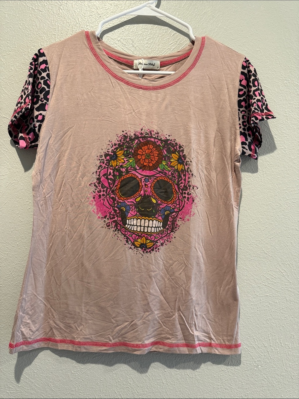 American Bling Khaki Tee with Floral Skull Accent